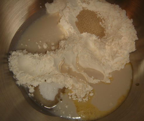 Combine the bread flour, active dry yeast, sugar, salt, milk, and egg.