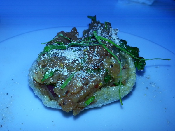 Night + Market Koi Tuna: Isan Tuna Ceviche served on Shrimp Chip